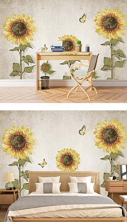 美式北欧小清新向日葵植物电视背景墙装饰画