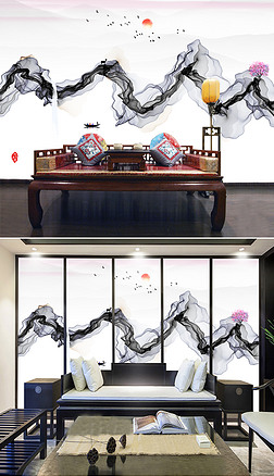 现代山水新中式水墨画意境画抽象山水背景墙