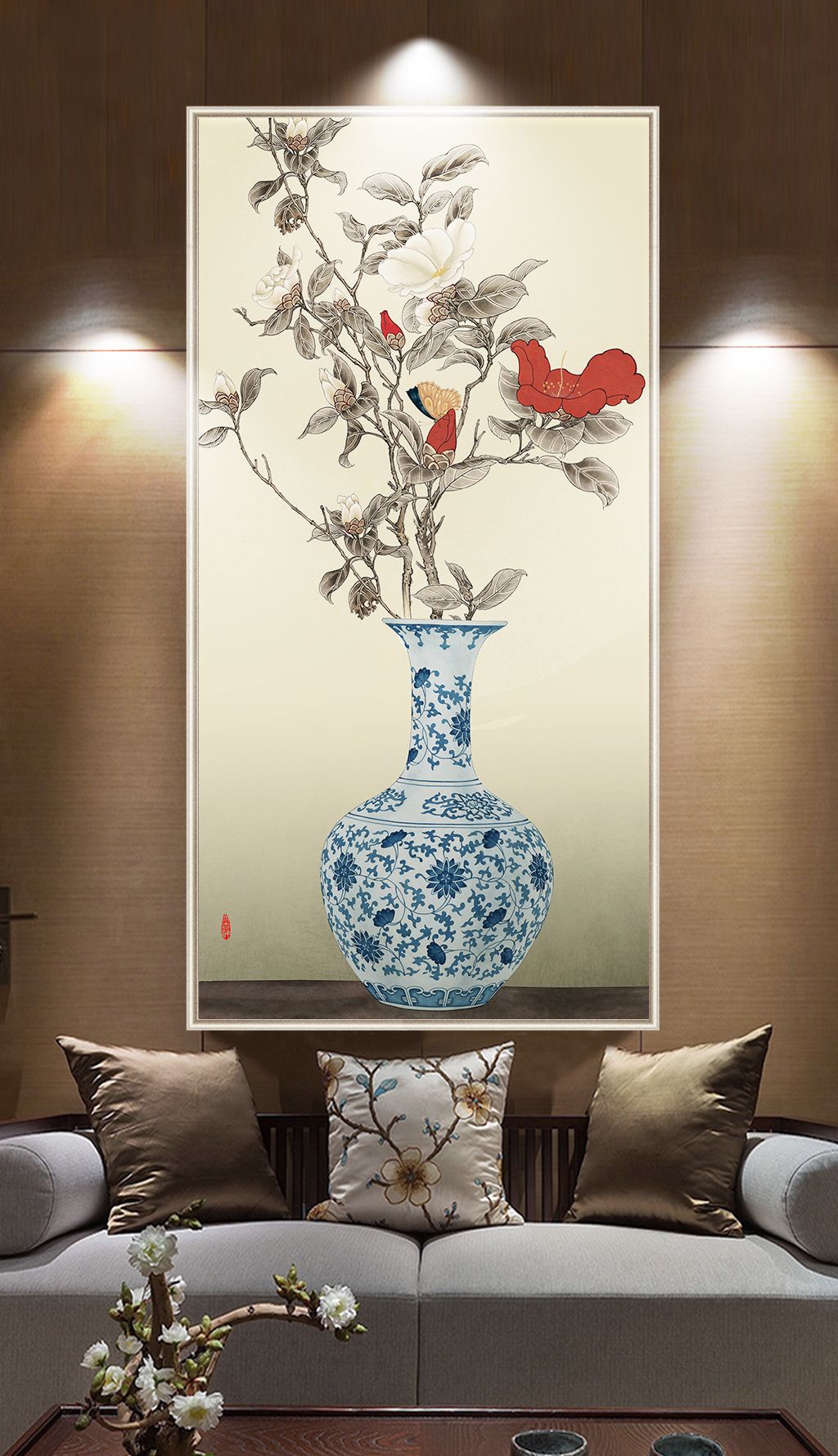 新中式花瓶茶花工笔花鸟玄关背景墙装饰画