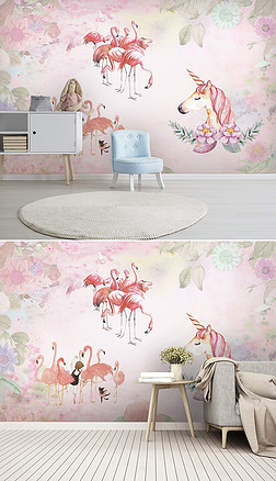 北欧火烈鸟独角兽粉红多肉花卉儿童房背景墙