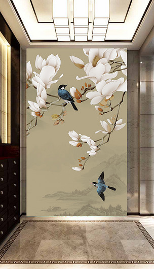 原创新中式玉兰花鸟壁画玄关墙纸过道走廊背景墙