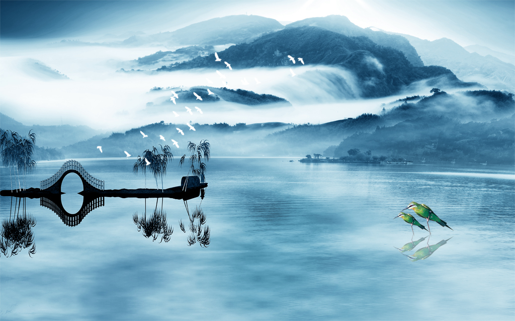 水墨山水黄鹂倒影瀑布背景墙