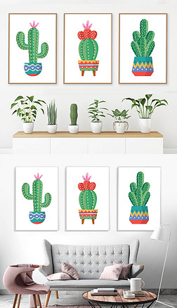 植物卡通画装饰画|卡通仙人掌客厅三联植物无框装饰画