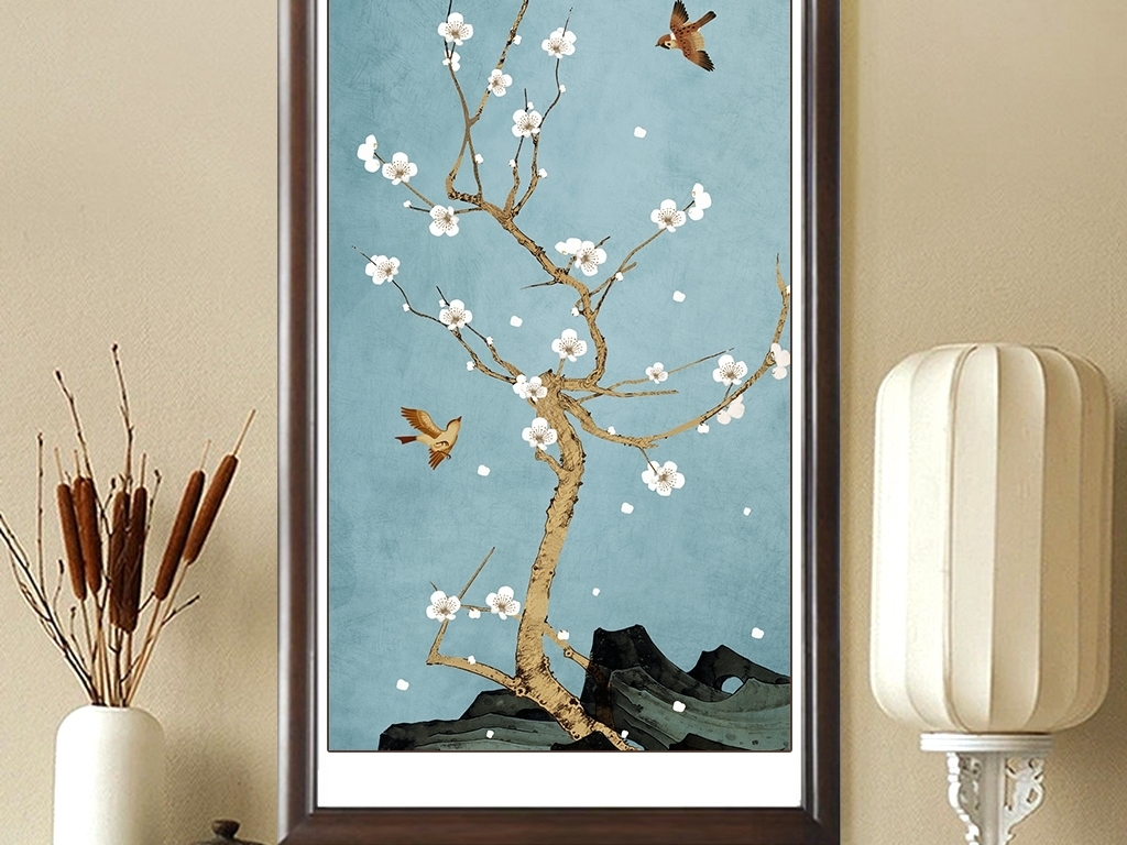 新中式手绘白梅工笔花鸟玄关背景墙装饰画