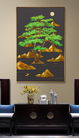 新中式金山山水金钱松发财树现代中式客厅玄关装饰画