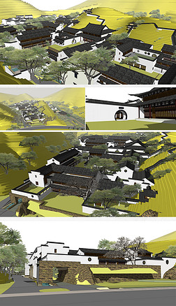 详细徽派中式古村落景观规划su模型