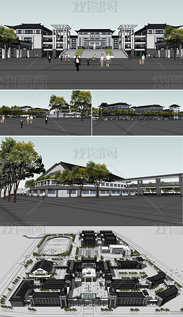 中式学校景观详细规划su模型设计