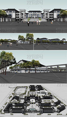 中式学校景观详细规划su模型设计
