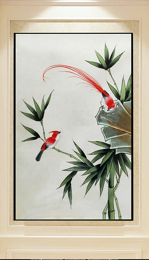 新中式手绘竹子工笔花鸟玄关装饰画