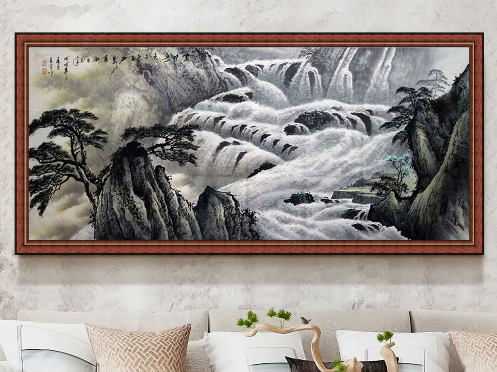 黄山山水画背景墙国画水墨山水客厅装饰画