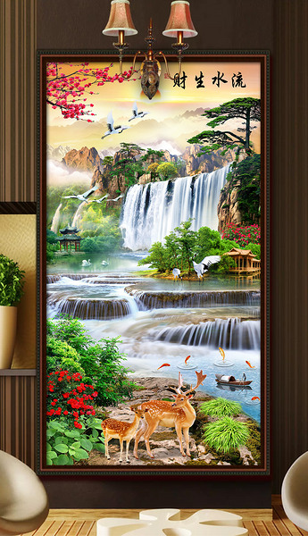 原创发财鹿流水生财红梅中式风景背景玄关装饰画版权可商用