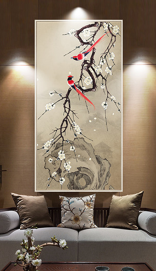 新中式喜鹊梅花手绘工笔花鸟山水玄关装饰画