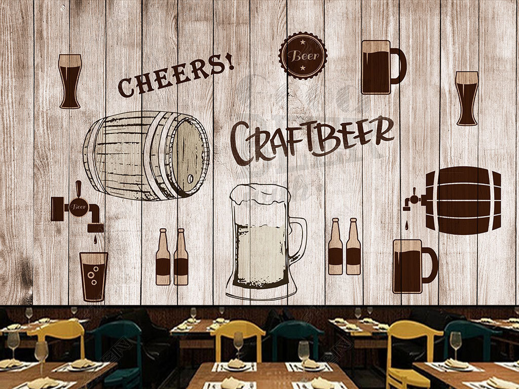 复古手绘啤酒系列装饰画背景墙