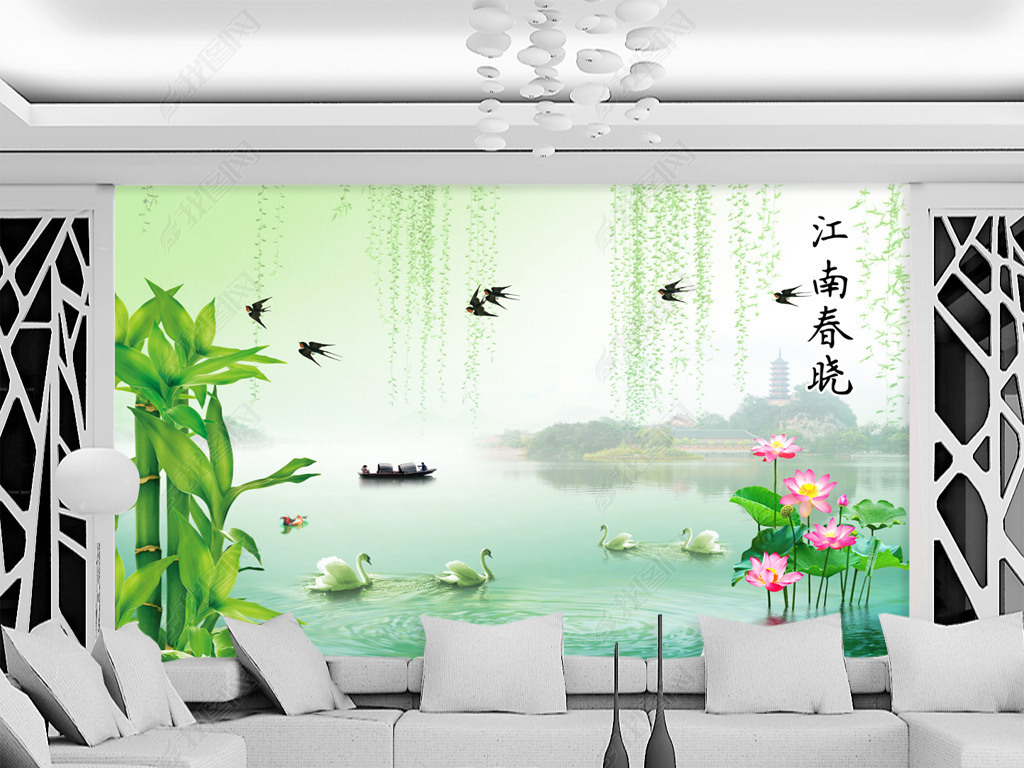 江南春晓荷花竹子江南风景电视背景墙