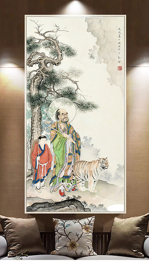 新中式高清手绘国画伏虎罗汉图装饰画玄关