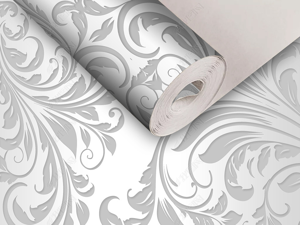 现代简约银灰色欧式花纹卧室电视背景墙壁纸