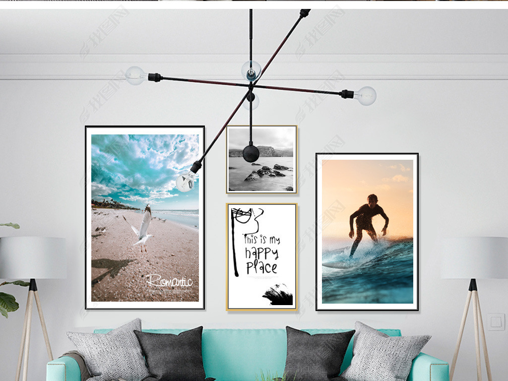 欧美现代海鸥冲浪英文高清四张无框装饰挂画