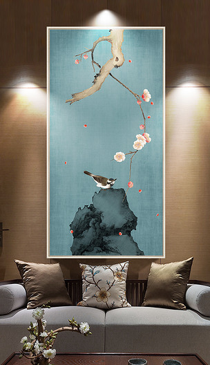 新中式禅意梅花手绘工笔花鸟玄关装饰画