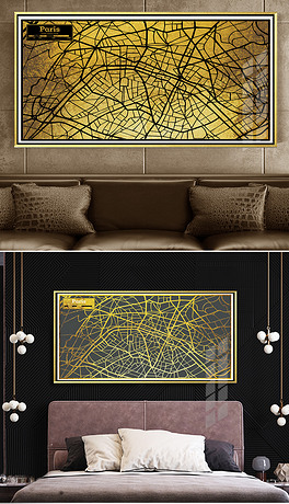 巴黎金色金箔复古地图欧美风格城市地图装饰