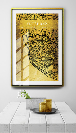 原创里斯本金色金箔地图现代城市复古地图装饰画版权可商用