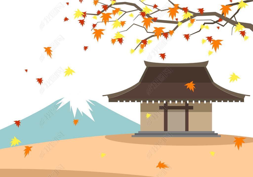 手绘秋天的日本富士山插画设计ai矢量图