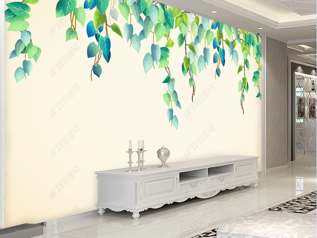北欧简约小清新手绘水彩绿叶藤蔓电视背景墙