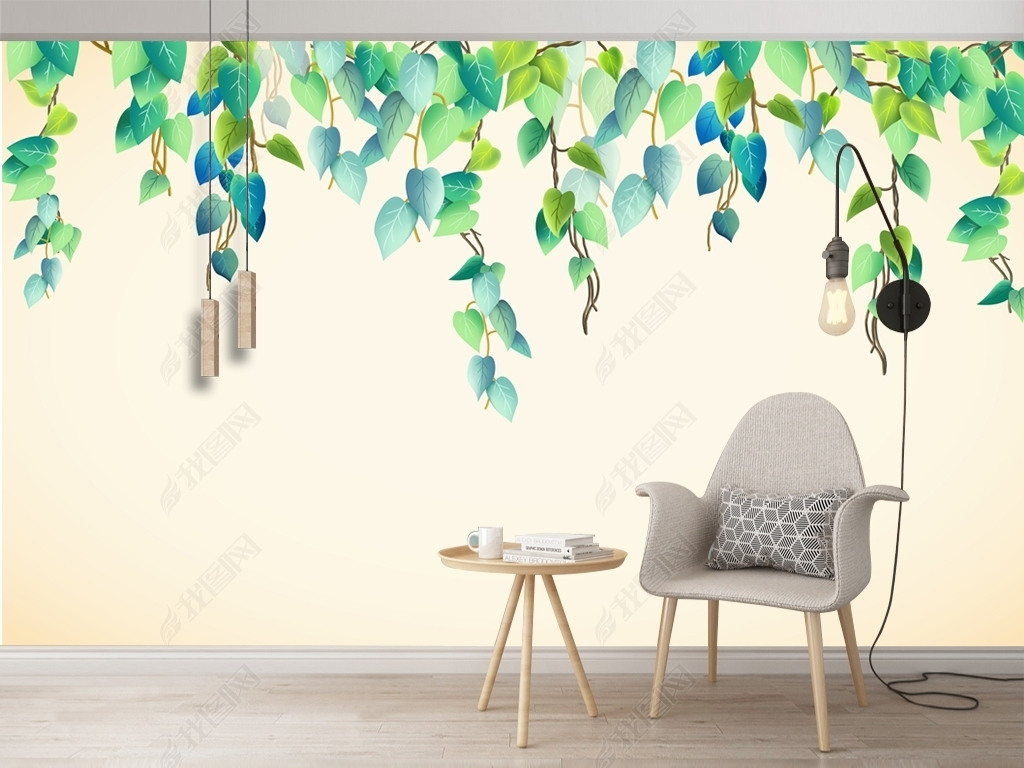 北欧简约小清新手绘水彩绿叶藤蔓电视背景墙