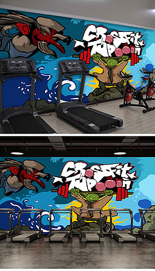 复古手绘涂鸦工业风健身房俱乐部工装背景墙