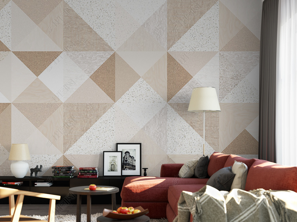 现代简约驼色大理石纹几何方块背景墙