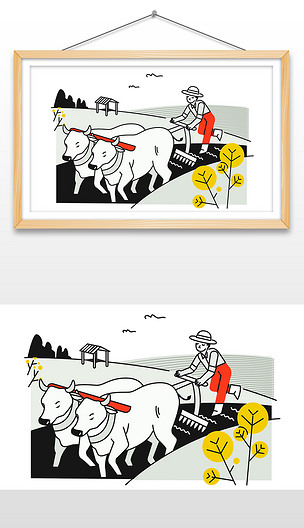 原创手绘秋天农庄牛拉车插画设计ai矢量图版权可商用
