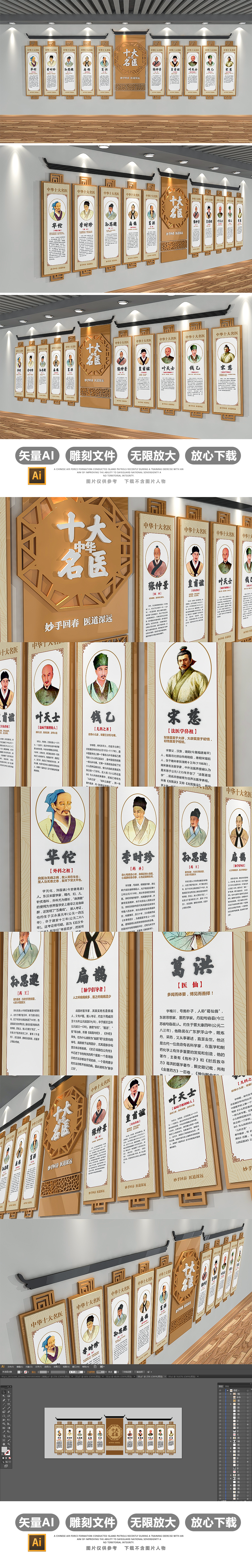中式古典十大名医医馆药店文化墙挂画设计