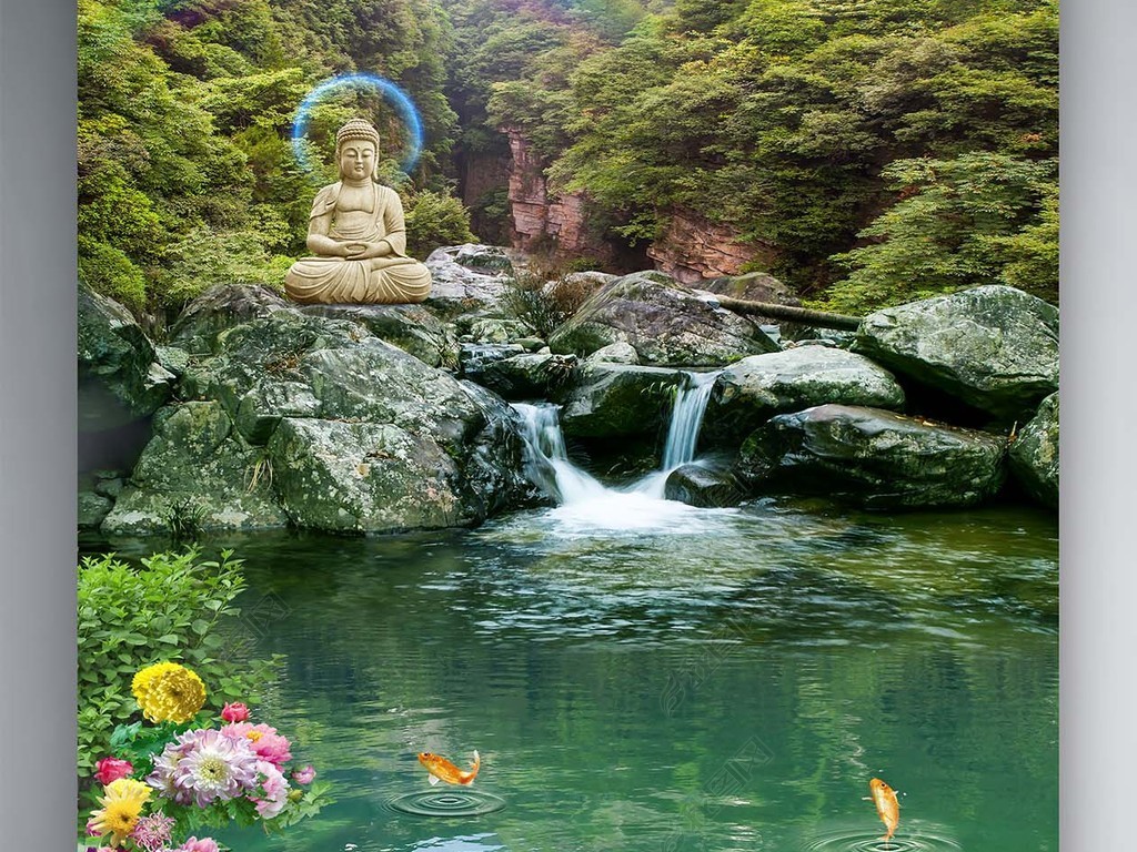 山水风景画流水生财佛祖中式瀑布玄关背景墙