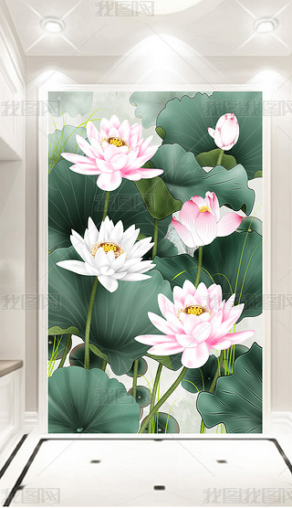 3d立体浮雕荷花新中式工笔水墨画玄关背景墙