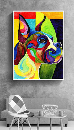 头像 彩绘装饰画|牛头犬头像美式彩绘艳丽色彩动物抽象装饰画