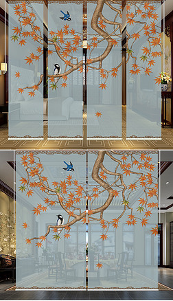红叶图案家居图案|香山红叶工笔画花鸟中式卷帘屏风图案