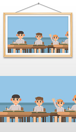 手画海报设计插画|手绘可爱的学生在课堂上举手发言插画设计