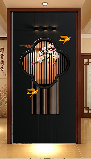 新中式玄关黑色高档古典花纹背景墙