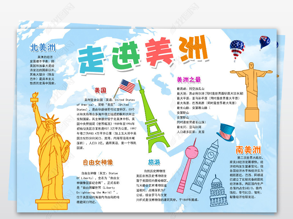 走进美洲美国小报寒暑假旅游家乡手抄报模板