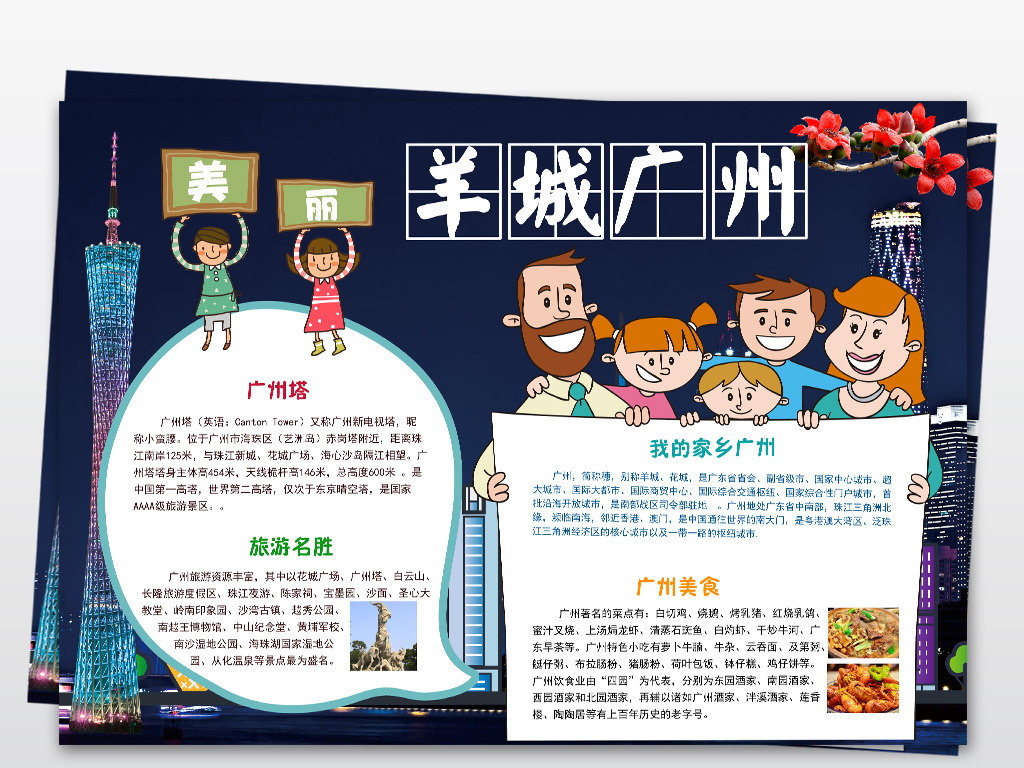 羊城广州小报寒暑假旅游手抄报爱家乡模板素材