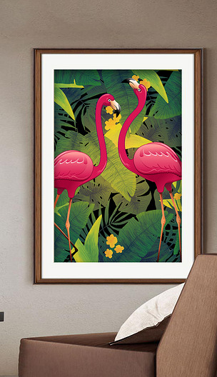 绿色芭蕉树叶手绘火烈鸟简约装饰画