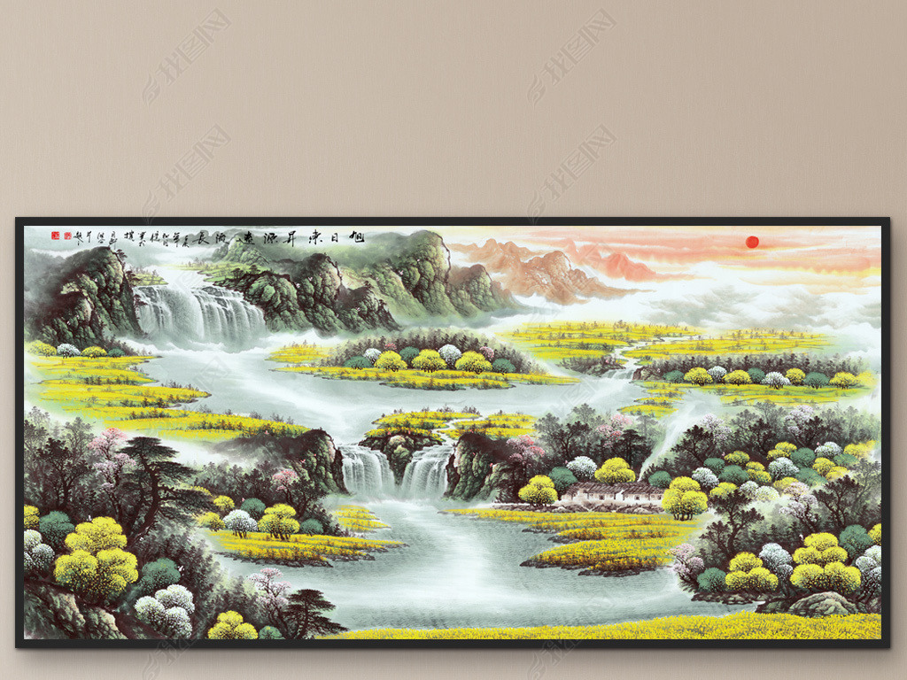 黄金满地客厅沙背景墙壁画风水靠山装饰画