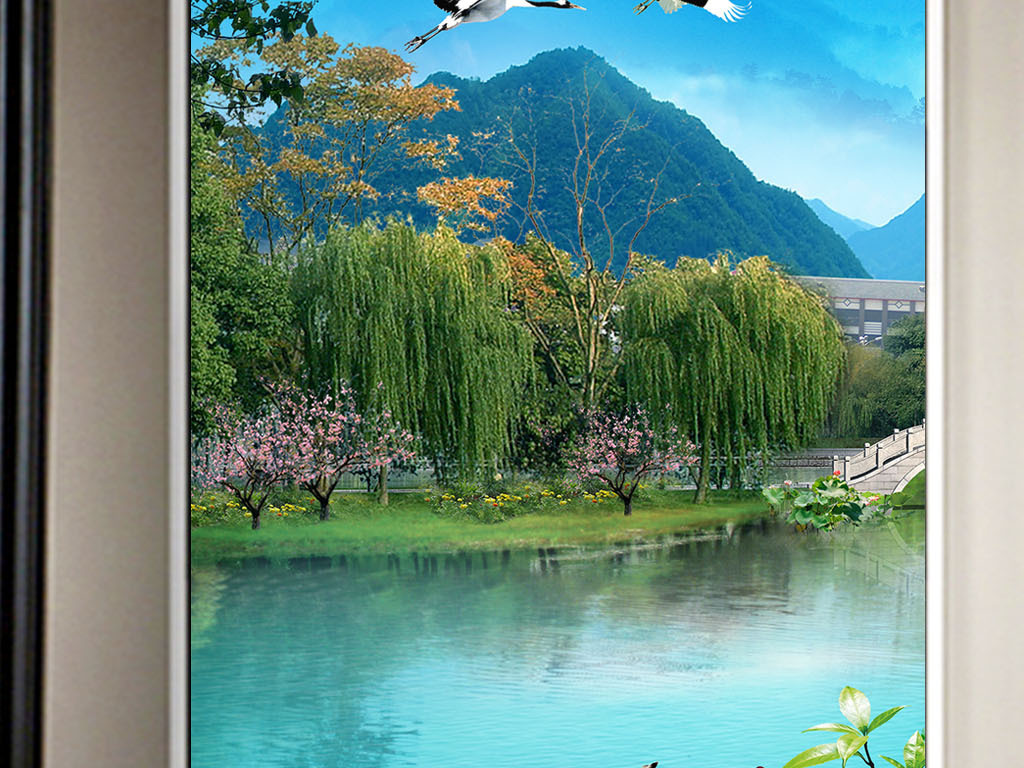 高清中式花鸟山水花朵玄关画背景墙