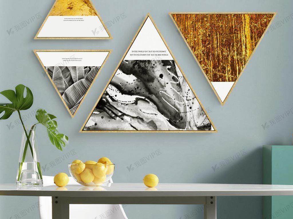 黑白金色现代北欧抽象三角形异形装饰画组合图片素材(其他格式)免费