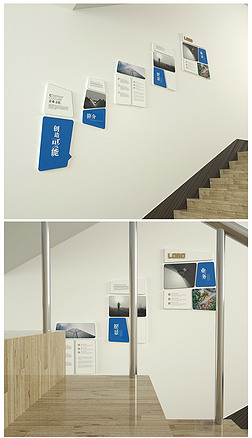 蓝色企业楼道文化墙创意员工风采照片墙