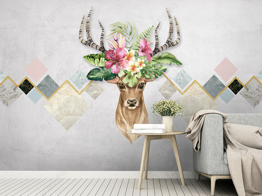 原创北欧现代简约鹿头麋鹿几何电视背景墙壁画