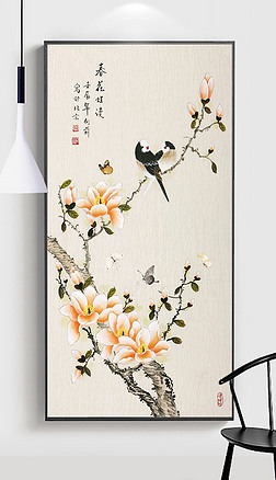 新中式国画淡雅玉兰花鸟玄关装饰画背景墙