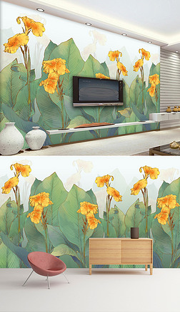 清新复古手绘风格美人蕉电视背景墙壁画墙纸