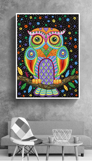 彩绘猫头鹰彩色星星夜色欧式美式动物装饰画