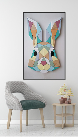 3d现代简约木制兔子几何拼接玄关装饰画