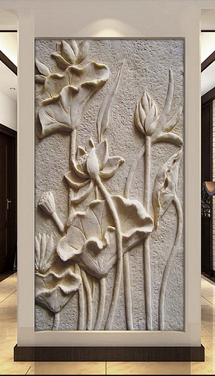 荷花浮雕背景墙莲花砂岩浮雕玄关背景装饰画
